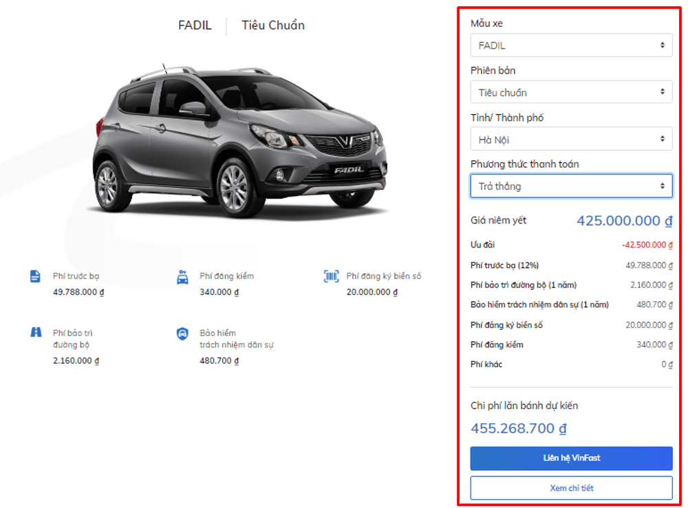 Cách tính giá lăn bánh xe VinFast Fadil